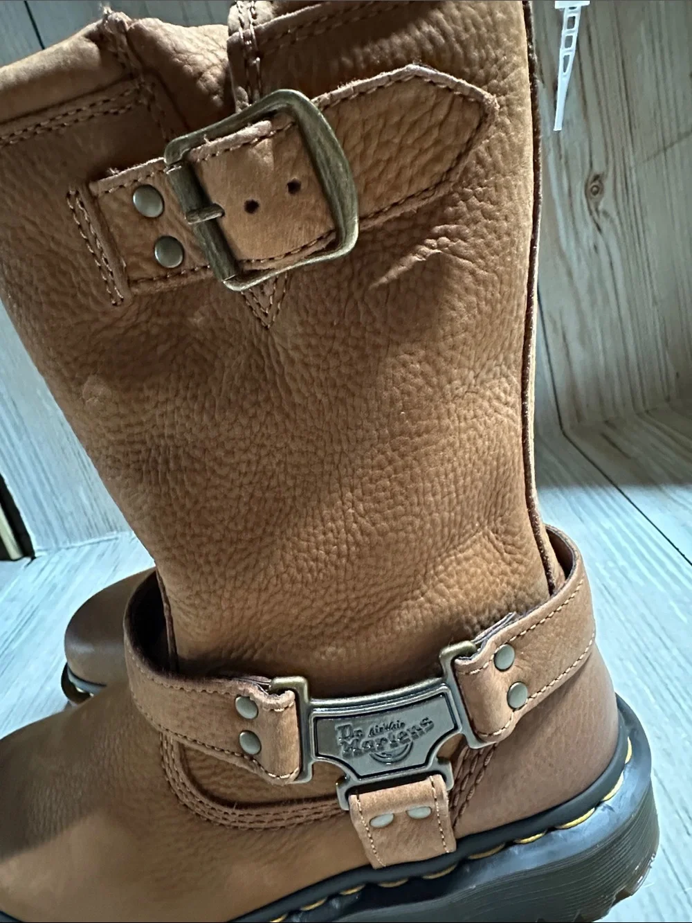 Dr. Martens Brown Leather Harness Boots with Yellow Stitching
